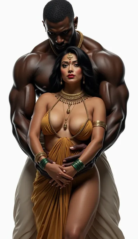 scene featuring a three black African muscular wearing thick silver chain, imposing figure with tribal markings holding a girl from behind. The woman has a naughty expression while looking at the viewer, woman has a light neutral skin tone , wearing a eleg...