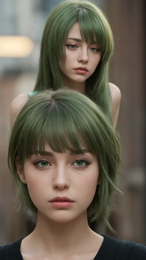 a Eu girl. extremely detailed face. half closed eyes. green eyes, green hair. look disgusted