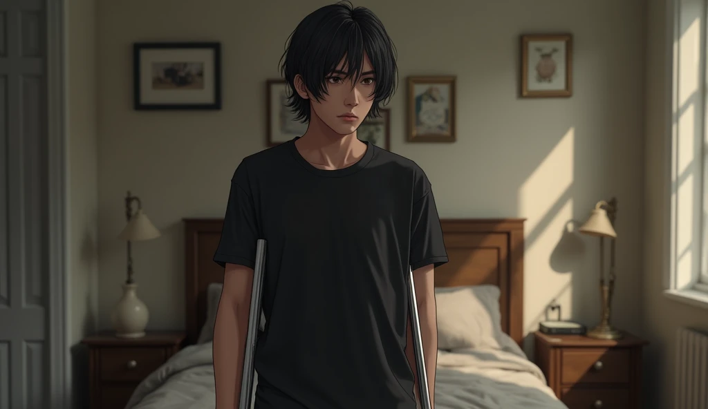 Realistic picture ,a young man with shoulder length hair, standing in bedroom on crutch ,  wearing black T-shirt, point of view wide ,realistic style, realism