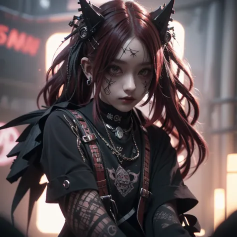 great rendered, 8k, masterpiece,  ultra quality, Beauty: 1.2,  PROFESSIONAL ILLUSTRATION : 1.1,  super detailed: 1.3, Ultra-bright,  very detailed with crimson hair, (Dark light detail)  1 girl, Goth_punk