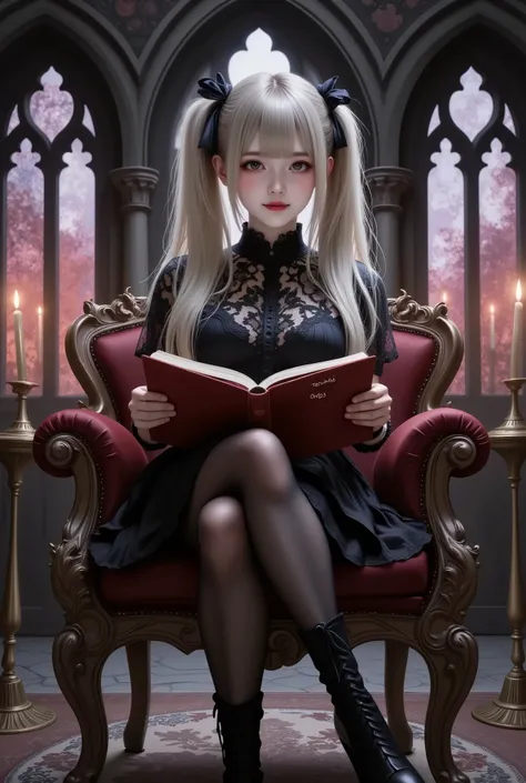 photo Realism style, digital painting, best quality, high detail, 1girl,solo,twin tail, bright hair color,fair skin,(false smile, empty eyes), gothic lolita fashion, black lace dress, black thigh-high stockings, black high-heeled boots, sitting pose on an ...