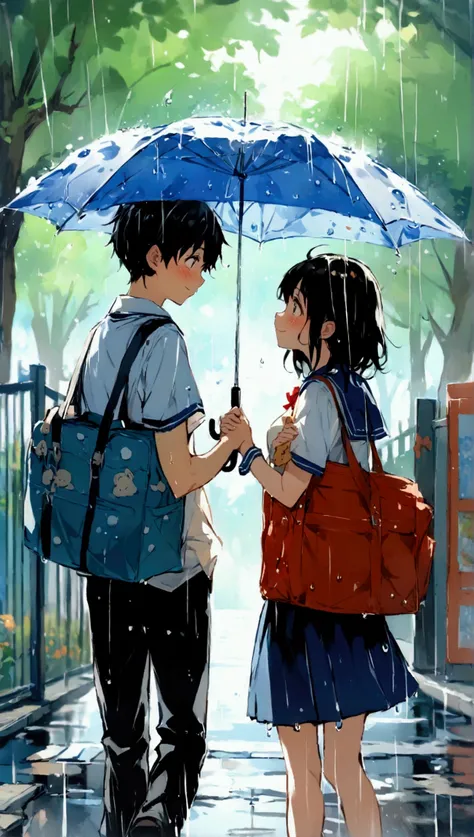 (masterpiece、 High Quality 、 high image quality、4K、8k、 Details、）Rainy Day、 romantic and gentle scene where two cute high school students share an umbrella。 boys wear 、 holding an umbrella with one hand while leaning slightly towards the girl so it doesnt r...