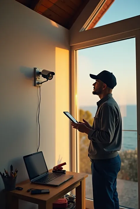 Cinematic frame of a technician reviewing a security camera installed inside a house, with tools organized on a nearby table .  The upper left corner of the image is completely clear ,  leaving visual space for a promotional message about tranquility on va...