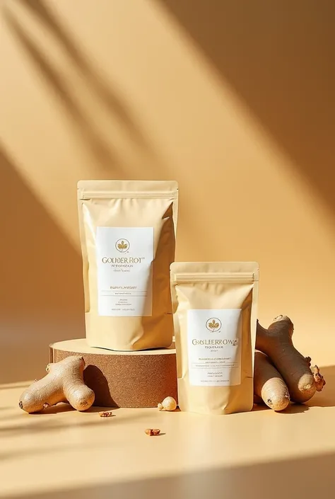 Generate doypack packaging images in eco-friendly ginger powder bags, that bears the brand GOLDEN ROOT 