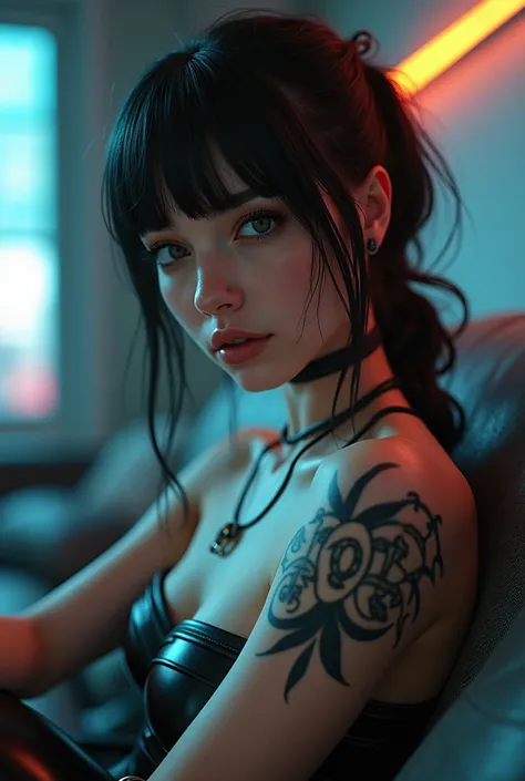 a close up of a person sitting on a couch with a tattoo on their body, oppai cyberpunk, perfect android girl, cute cyborg girl, in cyberpunk style, cyberpunk 2 0 y. o model girl, dreamy cyberpunk girl, in a cyberpunk setting, in cyber punk 2077, cyberpunk ...