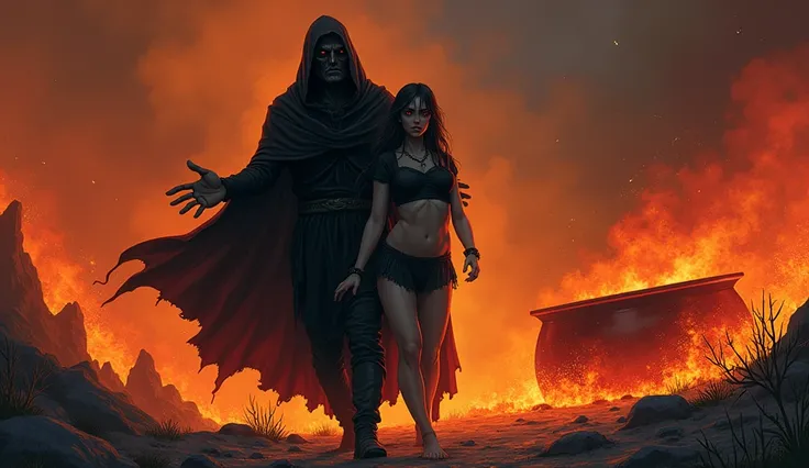  Imagine an illustration depicting the torment of hell for adulterers . In the middle of the picture,  looks like a grim reaper carrying a male partner and women headed for the big boiling cauldron. The couple looks frightened and sorry ,  while a grim rea...