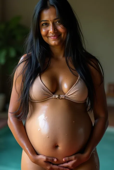 pregnancy, pregnant, Indian woman, wet, wet skin, oil, oily skin, moist, most skin, Busty woman, wrinkled skin, 90 year old woman, string bikini, glasses, black hair, big hair, long hair