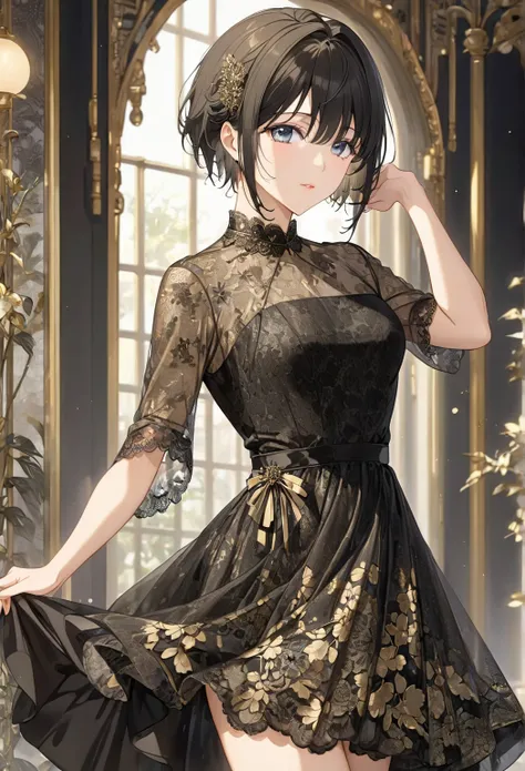 (masterpiece,  top quality:1.2),  short hair， eyes are very delicate ，Elegant hair color ，（（ black＆Gold sheer lace dress）），