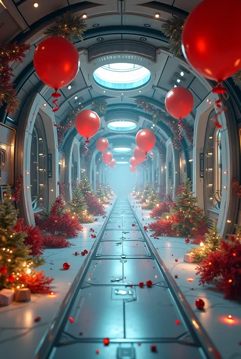 The corridors of the future space station, decorated for Christmas .  Colorful balloons are flying in the air 