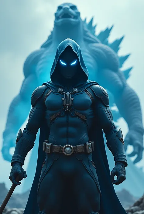 A black-masked superhero wearing an all-blue outfit with an iron rod that controls the elements of nature, the face this is black, armadure this is iron, eyes light blue and gojira big