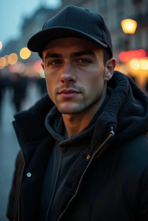  A 22-year-old male with an athletic build,  measures 1 ,80 m, cap, and brown eyes.  has thick eyelashes and eyebrows . full bodies. jeans negro, basic shirt,  black jacket , cap negra,  winter . / dusk . people in the background. limelight. Closeup 