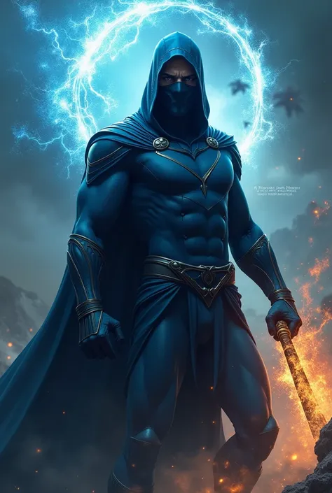 A black-masked face superhero wearing an all-blue outfit with an iron rod that controls the elements of nature 