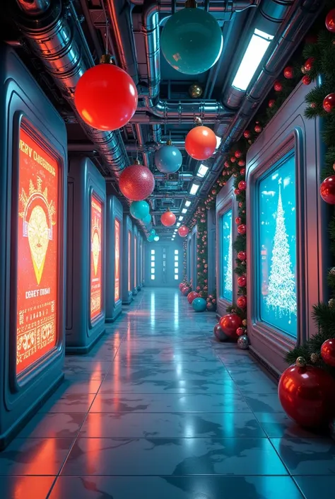 The corridors of the future space station,  posters decorated for Christmas with LED strips, плакатами.  Colorful balloons are flying in the air 