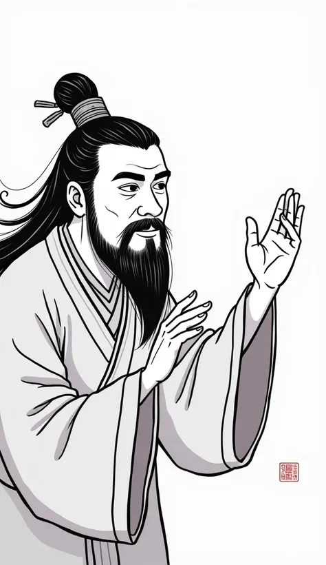 front，From the front，Overlooking， An ancient Chinese poet was imprisoned in an ancient prison ，front，A hand born from a prison gap ，Palm，palm， Full Body Photo ， Male Focus ，front，Cartoon，cute，line，Chinese poet Li Bai， wearing ancient Chinese costumes ，在浅棕色...