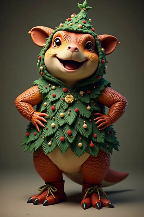 photorealistic portrait of Dressed animals - a ((fat)) (baby T-rex) performer,(Art by Peter Mohrbacher:1.2),(Christmas theme),(cute),(happy smile:1.2), (elegant),(hands on hips:1.5), high quality,(lovely) ,(highly detailed Christmas tree costume:1.5),Chris...