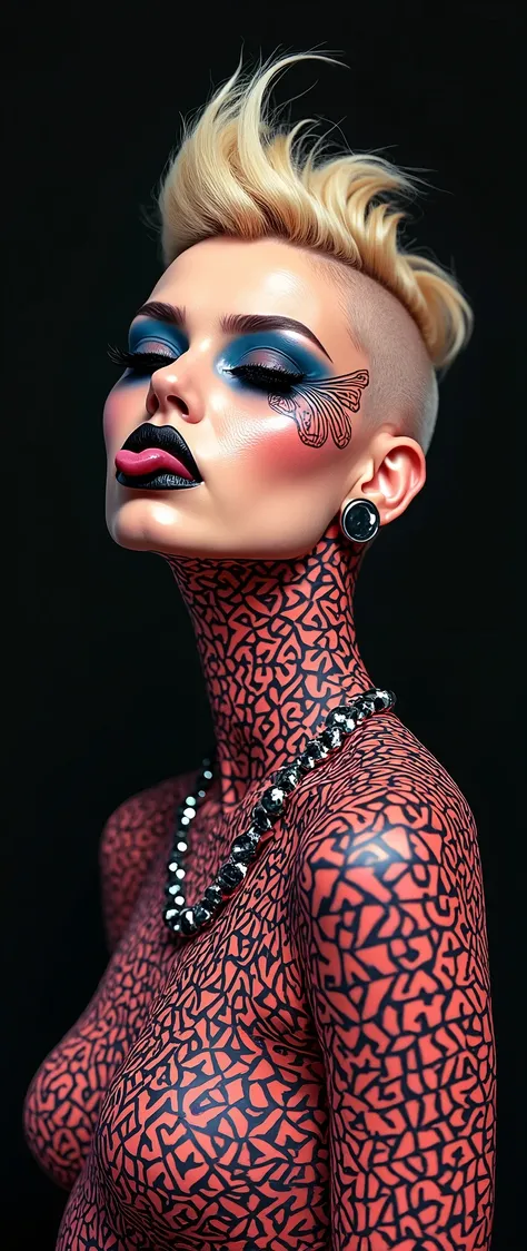 (Geometrically patterned art works)、background、 repetition、Pattern Art、woman、Trippy、black background、 edgy with your tongue out,  avant-garde , Experimental Appearance: shaved head or hair color,  Dramatic Makeup , Unconventional fashion choices, crazy sex...