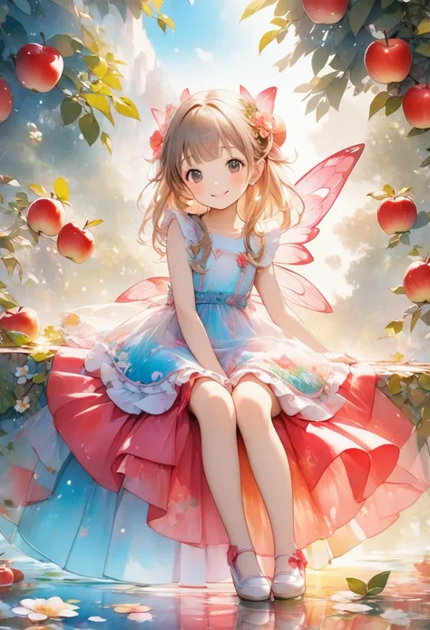 8K resolution、( Masterpiece)( top quality) Apple soda 、Pop Background、 beautiful female fairy sitting on the edge of a large watercolor glass and smiling