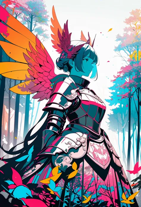 (masterpiece, best quality),(double exposure: 1.2), woodblock print collage depicting,(A knight girl,wearing armor with wings on the back,fantasic forest),she is surrounded by trees and branches symbols,splash color, collage art, contemporary art,