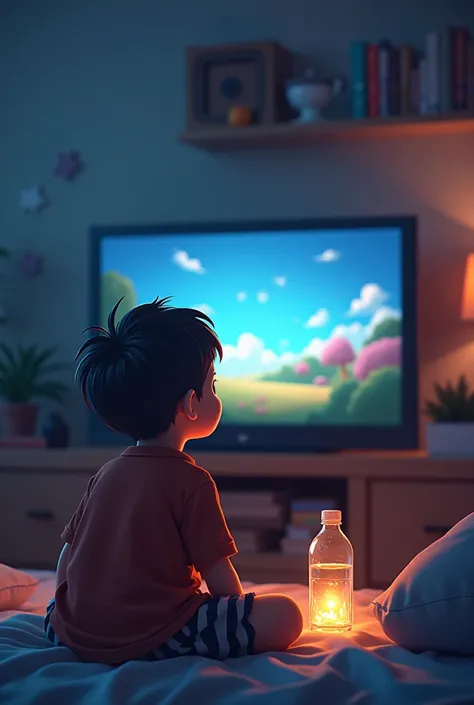 Draw a boy watching TV next to a bottle of water