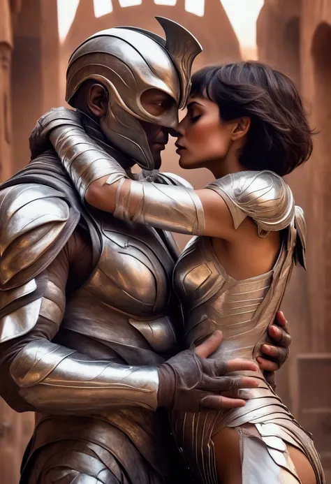 a middle-aged man with short dark hair wearing a metallic gladiator costume, passionately embracing and kissing a beautiful alien woman wearing a sleek silver combat suit, both in a dramatic sci-fi setting, high quality, cinematic lighting, photorealistic,...