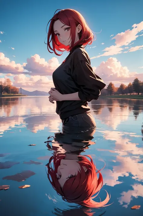 THe sky is a swirling pool, reflection of a woman with long red haie