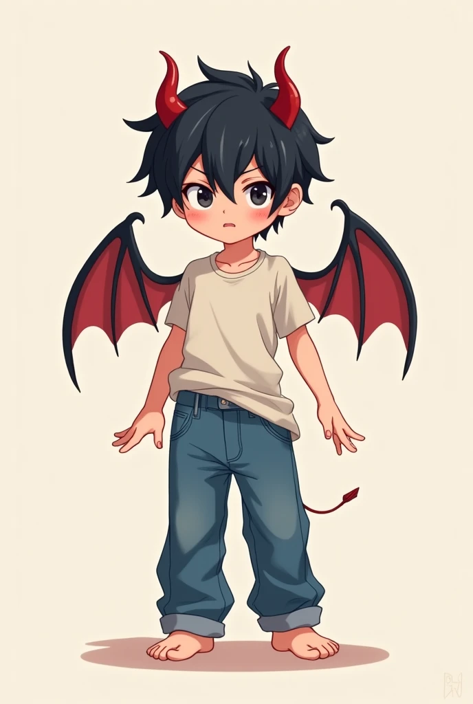  in anime style，short hair， Black Hair ， Wear only one pair of jeans，Create a cute boy with demon horns and wings 