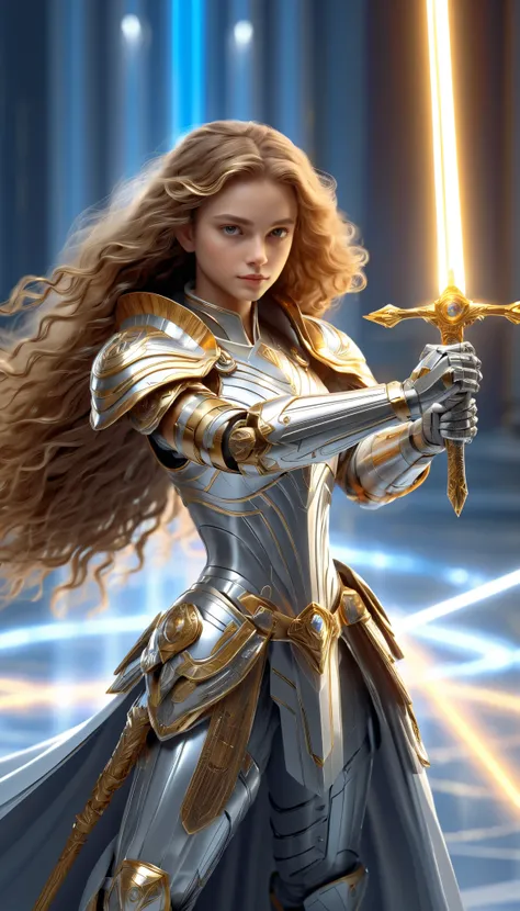 masterpiece, best quality, high quality, (Futurism: 1.1), (Paladin holding the Sword of Light, Magic of Light, Saint, Magic Wave, Silver and Gold), Cinema Lighting, (Exquisite Future)- Cute and beautiful, Super detailed, excellent composition, floating, de...