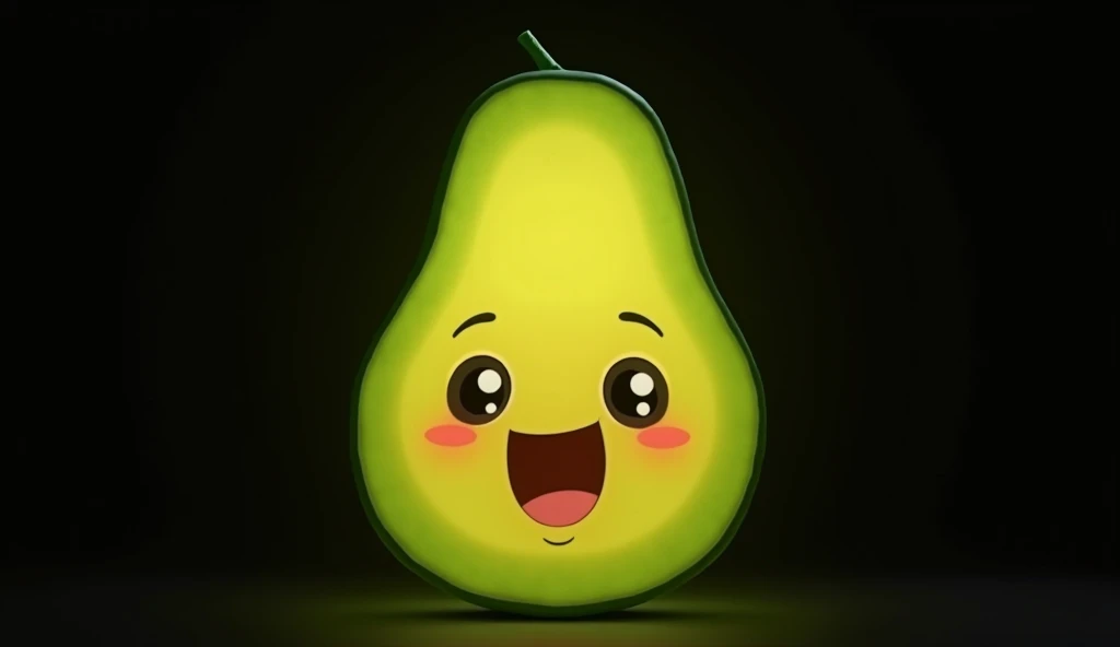 glowing avocado with a happy cartoon face, cute big eyes, rosy cheeks and a cheerful smile. Avocados have a green textured body. The background is deep black, highlighting the glowing effect of the avocado and giving it a warm and unique look."