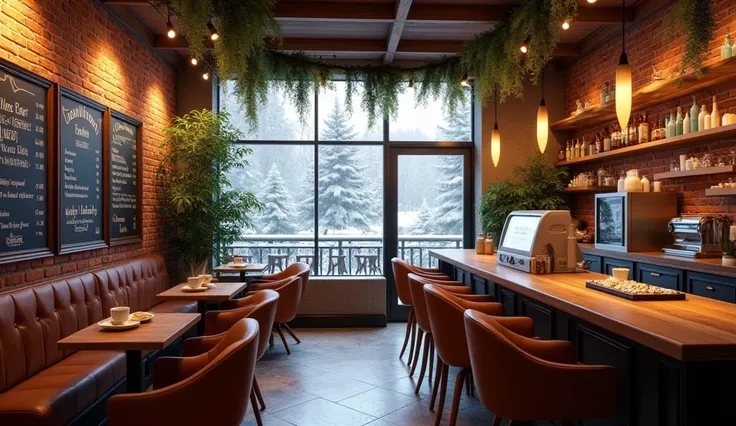 
“A highly realistic and cozy coffee shop interior, bathed in warm brown tones. The shop features softly glowing string lights that create an inviting ambiance, with lush hanging plants adding a touch of natural charm. A large display window lets in soft, ...