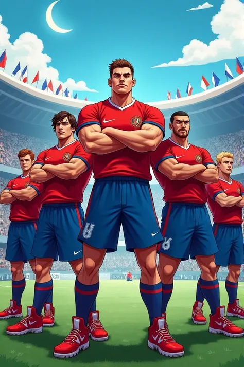  The Billy Goat squad tall and strong soccer players from Gogeta in phase 4 wearing Jordans red sweater,  Jordan blue pants and strong Jordan red shoes with real crossed arms   , in a full stadium  ,  stadium with French flags and a crescent in the backgro...