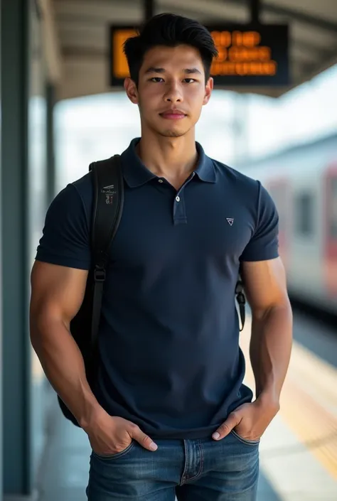 ((realistic daylight)) , Young Korean man in a navy polo shirt and jeans, A handsome,, (((Big arm muscles, tight breasts , Muscle Bundle, ))), muscular young Asian man looks at the camera. ตรงที่จำหน่ายตั๋วรถไฟ สะพายเป้สีดำ