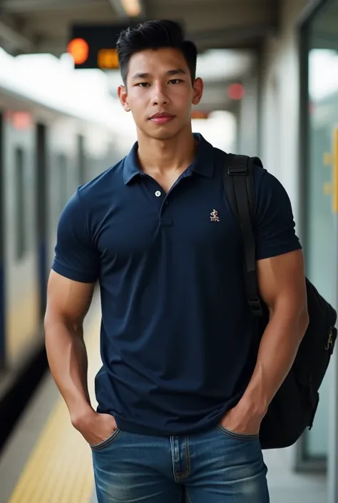 ((realistic daylight)) , Young Korean man in a navy polo shirt and jeans, A handsome,, (((Big arm muscles, tight breasts , Muscle Bundle, ))), muscular young Asian man looks at the camera. ตรงที่จำหน่ายตั๋วรถไฟ สะพายเป้สีดำ