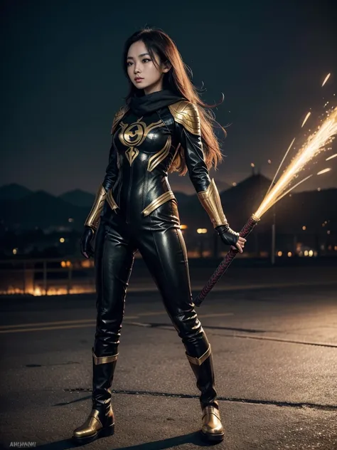 indonesian preety girl in black archer warrior polite costum full body suit, standing bravely and has a golden logo that symbol "WP", black boots like superhero marvel with red scarf slayer in a science fiction style. HD, 8k, vivid colors, HDR effect, colo...