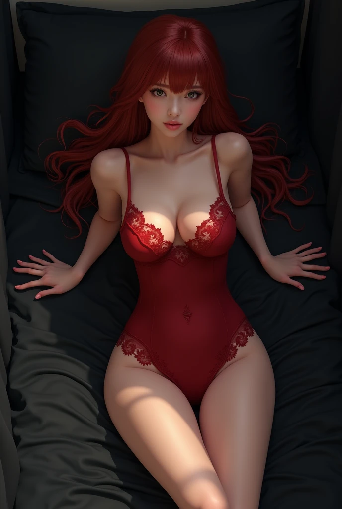 Stylish anime cartoon,Top view,Close up view,Young and beautiful woman , elegant and sexy redhead ,Clean white skin,ideal body,ideal sexy breasts , posing lying sexy and elegant on a black mattress near black curtains,sexy style, wears sexy red lacy nightg...