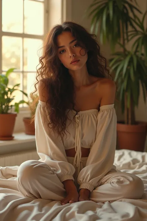 (photorealism:1.2), beautiful woman, sitting on bed, wearing loose off-shoulder top, pajama pants, long curly hair, indoors, soft lighting, plants in background, window with sunlight, cozy room, relaxed pose, realistic, intricate details, warm colors, by G...