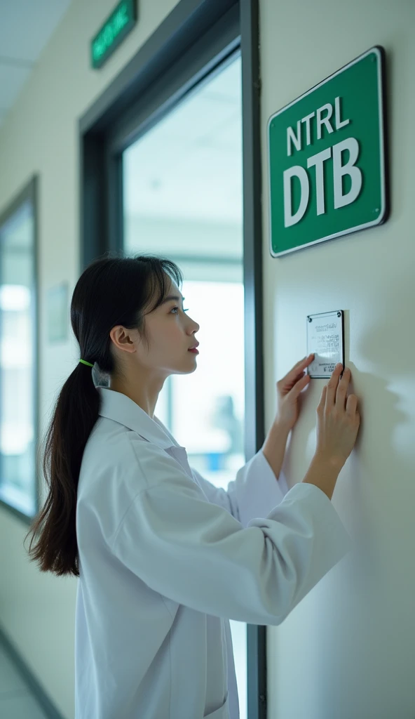 Korean girl in lab dress standing in front of lab door, wide angle, sticking building sign, green sign, white letter, word NTRL DTB on wall