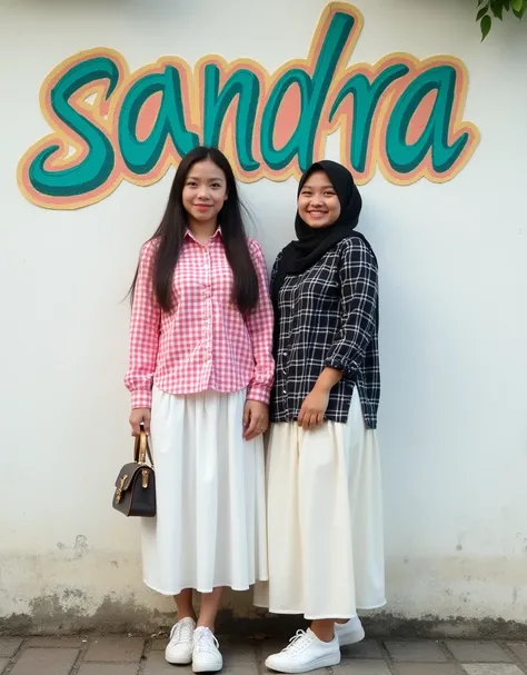 realistic portrait of an Indonesian woman long hair,wearing a pink checkered shirt with a white skirt and white shoes, standing gracefully while holding a small branded bag, with an Indonesian woman wearing a hijab wearing a black checked shirt with a whit...