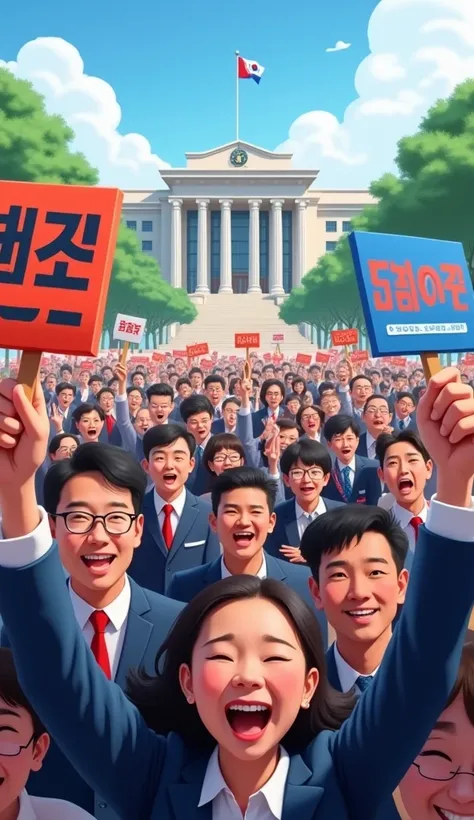 Make a picture of the crowd impeaching Korea, Make it with the National Assembly building of Korea as the background, A crowd of people smiling brightly while holding impeachment pickets, 