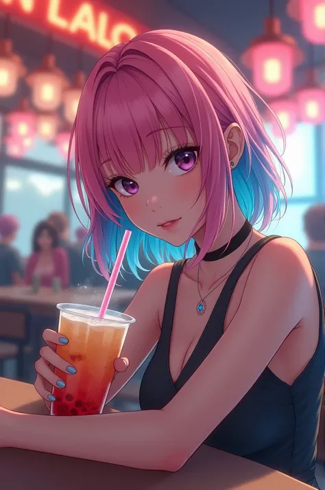 8k quality, masterpiece, best quality, detailed background, Intricate details, Chromatic Aberration, woman, looking at viewer, pink hair with bright blue highlights, sitting at a cafe, drinking a boba tea