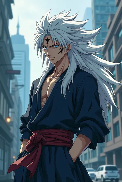 Give me an anime character mixing the physical attributes of the following characters: Satoru Gojō ,Jiraiya,Kisuke Urahara. Bringing out the best in each character and that the result is a unique and individual male character 