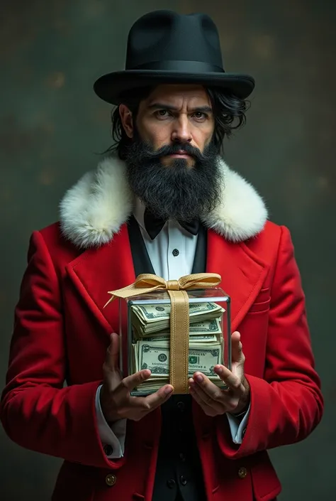  Surreal with homburg hat and short black hair and black beard in  Santa Claus elegant clothes   holds money wrapped in a glass box with a bow