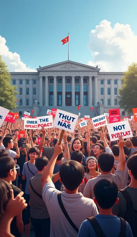 Make a picture of the crowd impeaching Korea, Make it with the National Assembly building of Korea as the background, A crowd of people smiling brightly while holding impeachment pickets, 