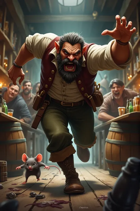 Angry tavern man chasing scared mouse 
