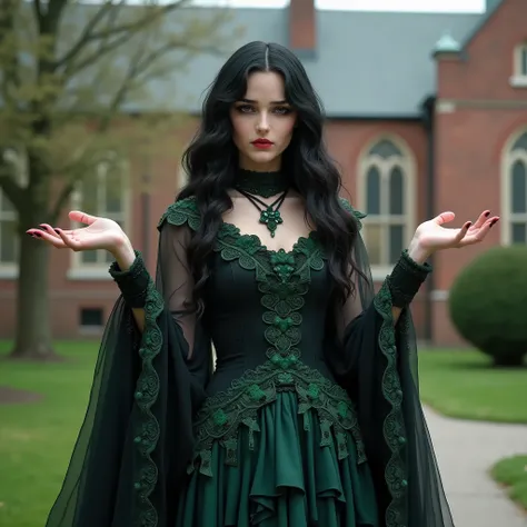 (best quality,4k,8k,highres,masterpiece:1.2),ultra-detailed, Irish goddess the Morrigan as a college student, gothic ****ta, raven black hair, Irish features, cold dark eyes, black dress with emerald lace green bows and jade frills, hanging out outside on ...