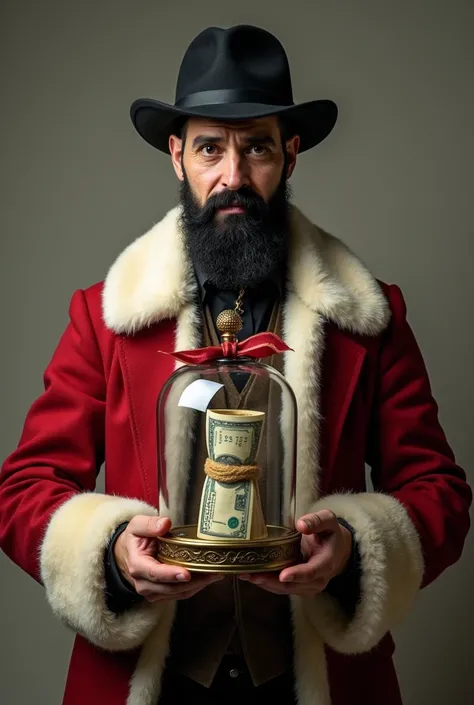  Srbislav with homburg hat and short black hair and black beard in  Santa Claus elegant clothes   holds money wrapped in a glass box with a bow