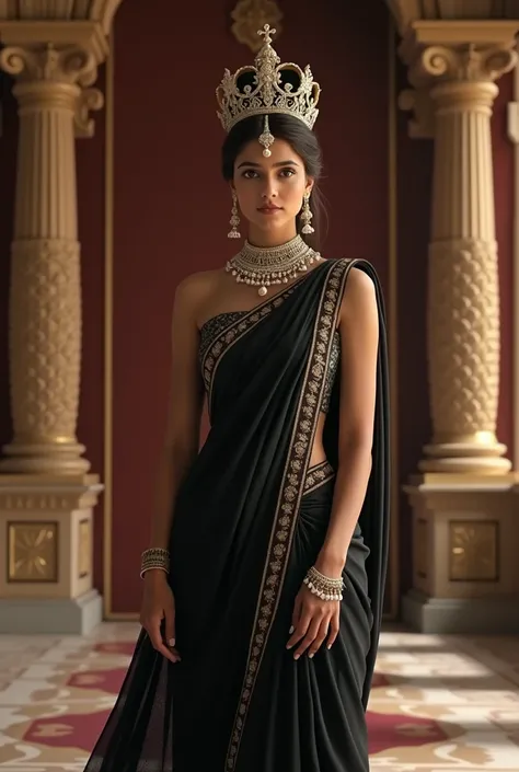 A girl wearing saare, black colour saree, white jewellery, crown on head, shes standing in palace, 