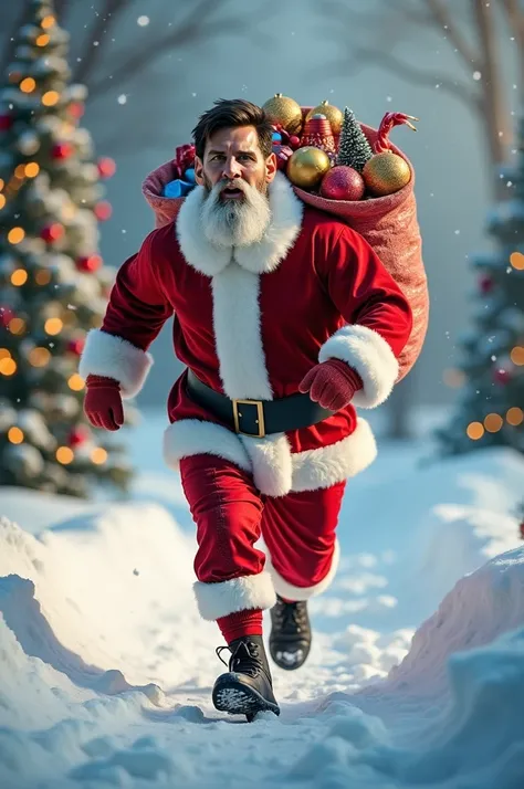 Lionel Messi dressed as Santa Claus, complete with a jolly white beard, a big belly, and a traditional red-and-white outfit. He’s running enthusiastically through a snowy landscape, carrying a giant sack full of colorful gifts over his shoulder. The scene ...