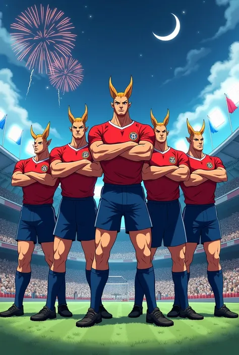  The squad of Billys goats tall and strong soccer players from Gogeta in phase 4 with Jordans red sweater,  Jordan blue pants and strong black shoes , Real soccer with crossed arms   , in a full stadium  ,  stadium with French flags and a crescent in the b...