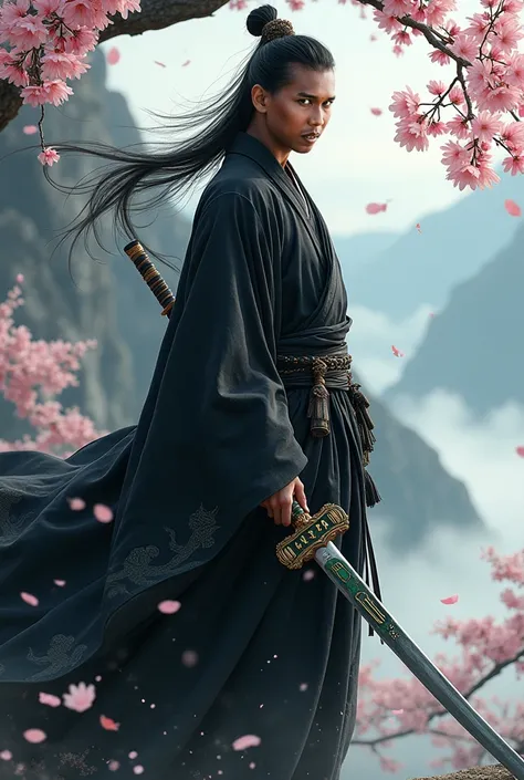 "Design a male martial artist character inspired by the legendary heroes of Chinese wuxia tales. The character should have a commanding and graceful presence, with long, flowing black hair tied into a traditional warriors topknot, while a few loose strands...