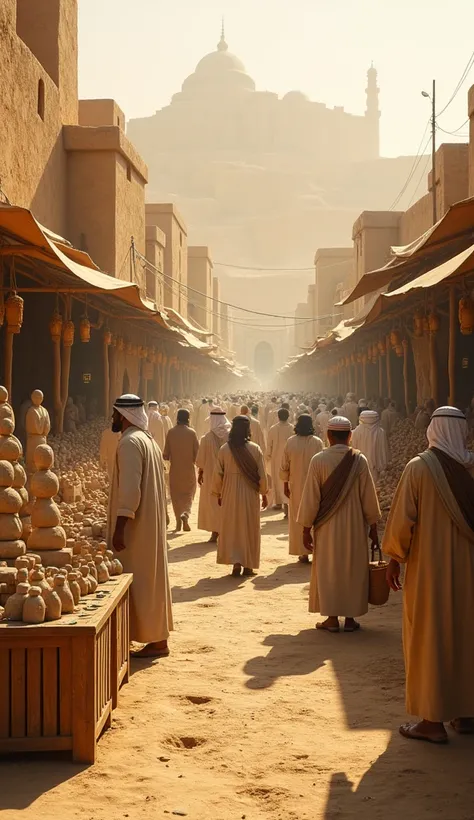 View of a bustling market in the ancient city of Mecca, in the 6th century. The scene takes place on a busy, dusty street filled with traders and pilgrims. Stalls were set up on both sides of the street, displaying various stone statues and statues, each u...